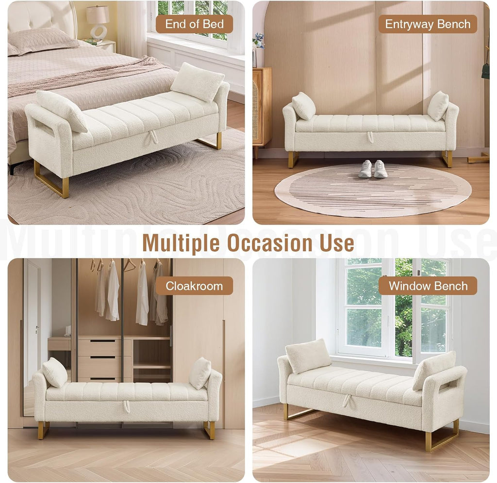 66'' King Size Storage Bench for Bedroom End of Bed, Bedroom Benches for Foot of Bed King with Gold Legs, Cream White Storage Ottoman Bench with Storage for Bedroom, Teddy