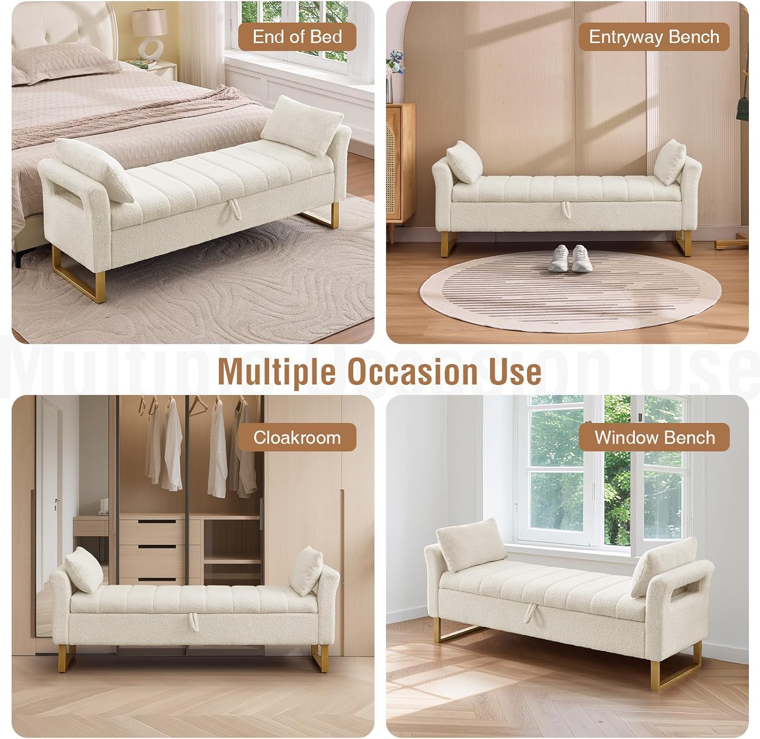 66'' King Size Storage Bench for Bedroom End of Bed, Bedroom Benches for Foot of Bed King with Gold Legs, Cream White Storage Ottoman Bench with Storage for Bedroom, Teddy