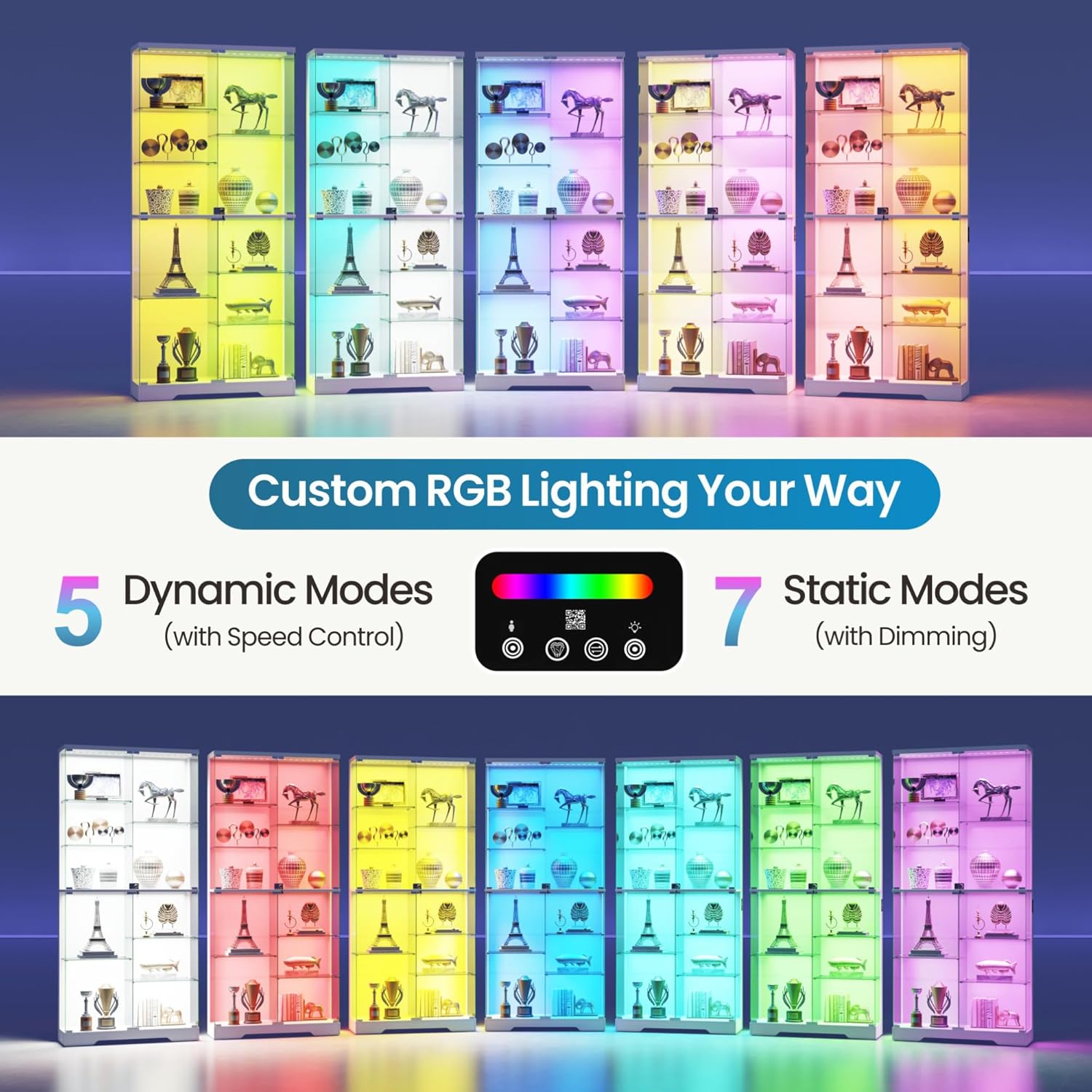 Lvifur 71'' Glass Display Cabinet - with RGB Lights,10-Tier Curio Cabinet with Glass Doors,Lockable Figure Display Case with Human Body Sensor,Tall Showcase Cabinets for Collectibles,White