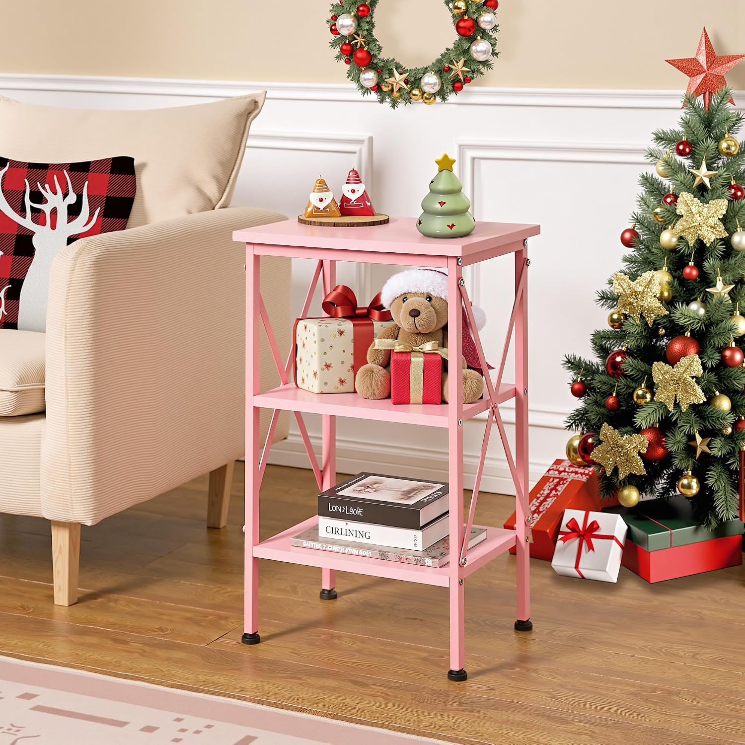 VECELO End Table, 24" Tall Living Room Side Tables, X-Design Reinforced Bedside Table, Nightstands with 3-Tier Storage Shelves for Small Spaces, Office, Bathroom, Bedroom, Pink, 1 Pack