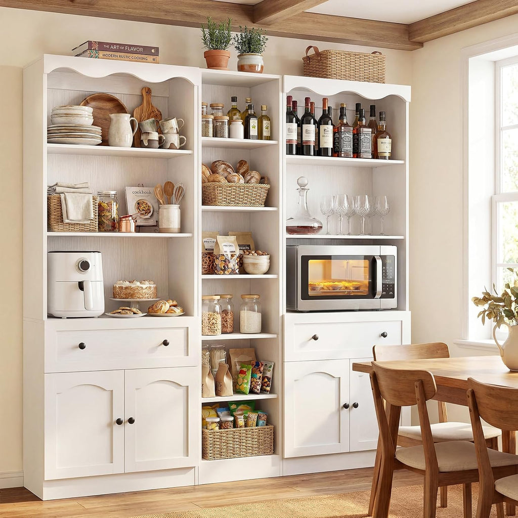 Cyclysio 80" Tall Pantry Cabinet Set of 3, Wood Kitchen Hutch with Open Shelves, Drawers & Cupboards, Flush-to-Wall Coffee Bar Cabinet with Baseboard Cutout, White