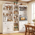 Cyclysio 80" Tall Pantry Cabinet Set of 3, Wood Kitchen Hutch with Open Shelves, Drawers & Cupboards, Flush-to-Wall Coffee Bar Cabinet with Baseboard Cutout, White
