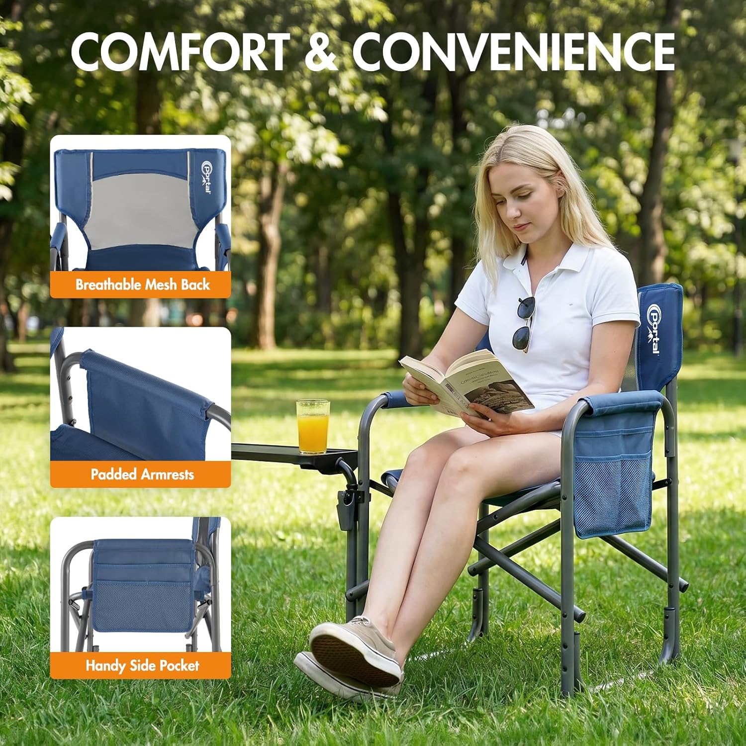 Portal Folding Director Chair with 2-Way Rotating Side Table, Heavy Duty 300 lb Camping Chair with Swivel Tray & Cup Holder, Ergonomic Mesh Back Portable Outdoor Seat for RV, Tailgating & Lawn, Blue