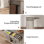 GarveeHome 41 in Rustic Kitchen Island on Wheels - Wood Drop-Leaf Table with 3-Tier Storage, Mobile Coffee Bar Cart (Light Gray)