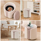 Vanity Chair with Storage, Round Boucle Vanity Stool No Wheels, Swivel Ottoman Chair with Upholstered for Women, Gold Base, Beige