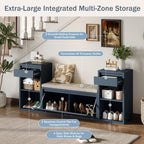 Entryway Bench with Shoe Storage, Solid Wood Shoe Bench with Cushion and Drawers, Open Shelves, Storage Bench for Entry Way, Living Room, Hallway, Antique Navy