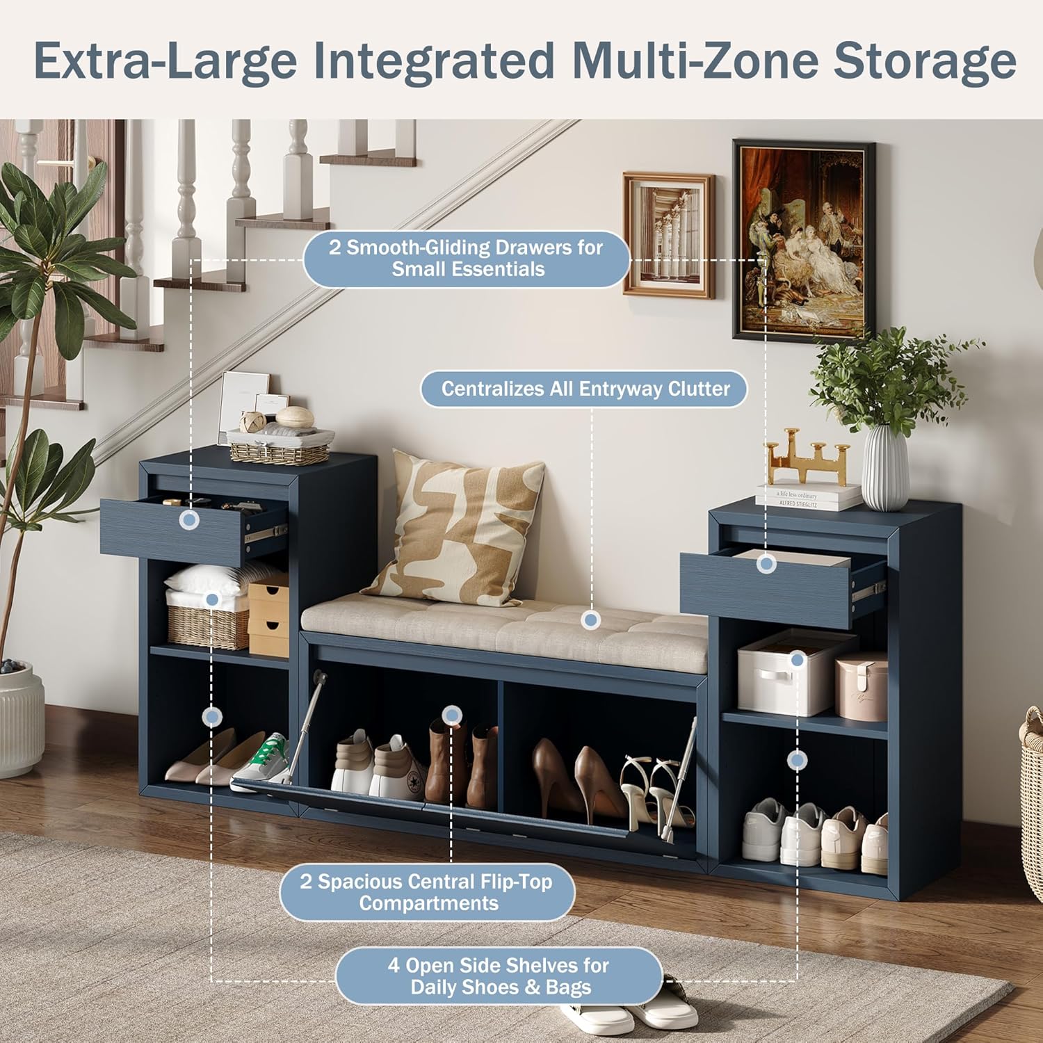 Entryway Bench with Shoe Storage, Solid Wood Shoe Bench with Cushion and Drawers, Open Shelves, Storage Bench for Entry Way, Living Room, Hallway, Antique Navy