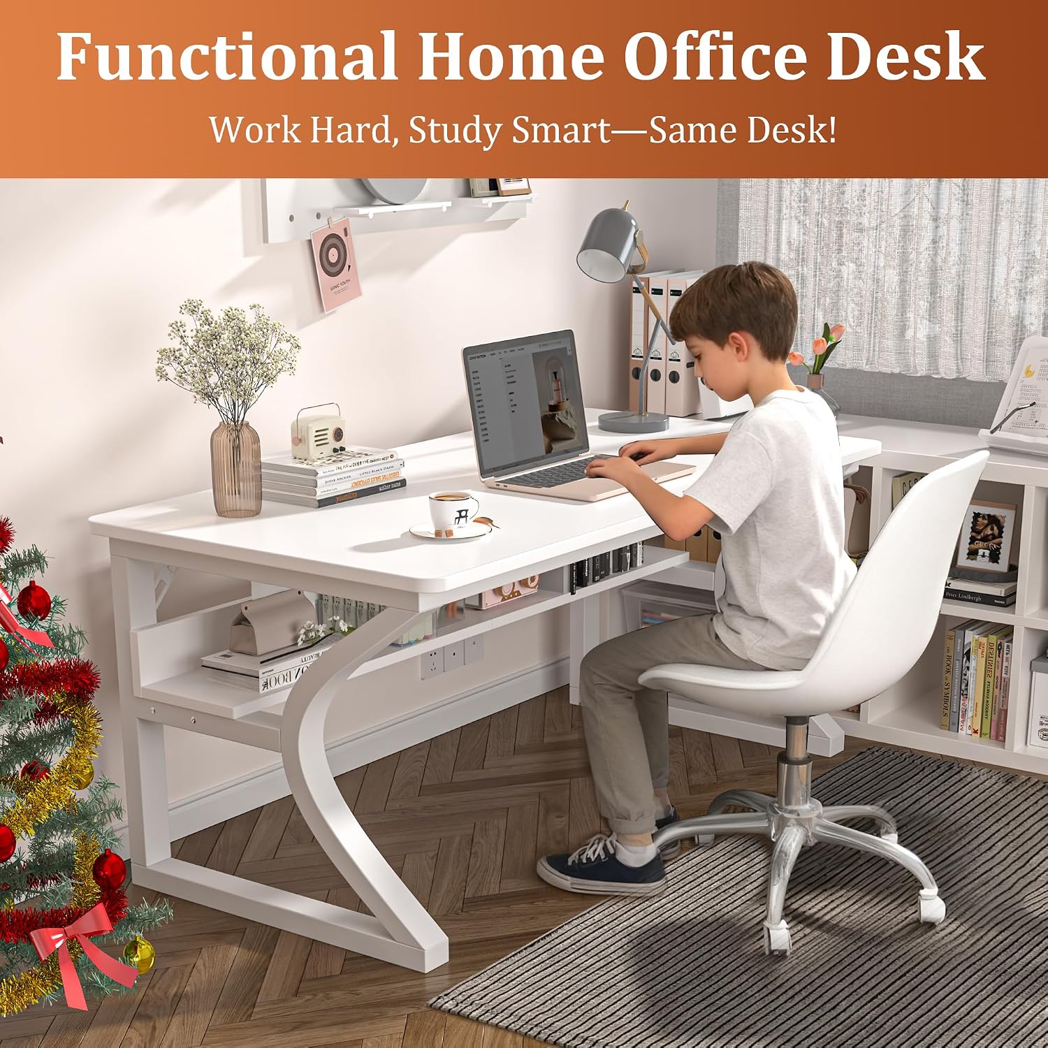 47 inch Computer Desk, Home Office Desk with Storage Shelf, Sturdy U-Shaped Metal Frame Study Table with Cable Management, Gaming Desk for Office & Bedroom, White
