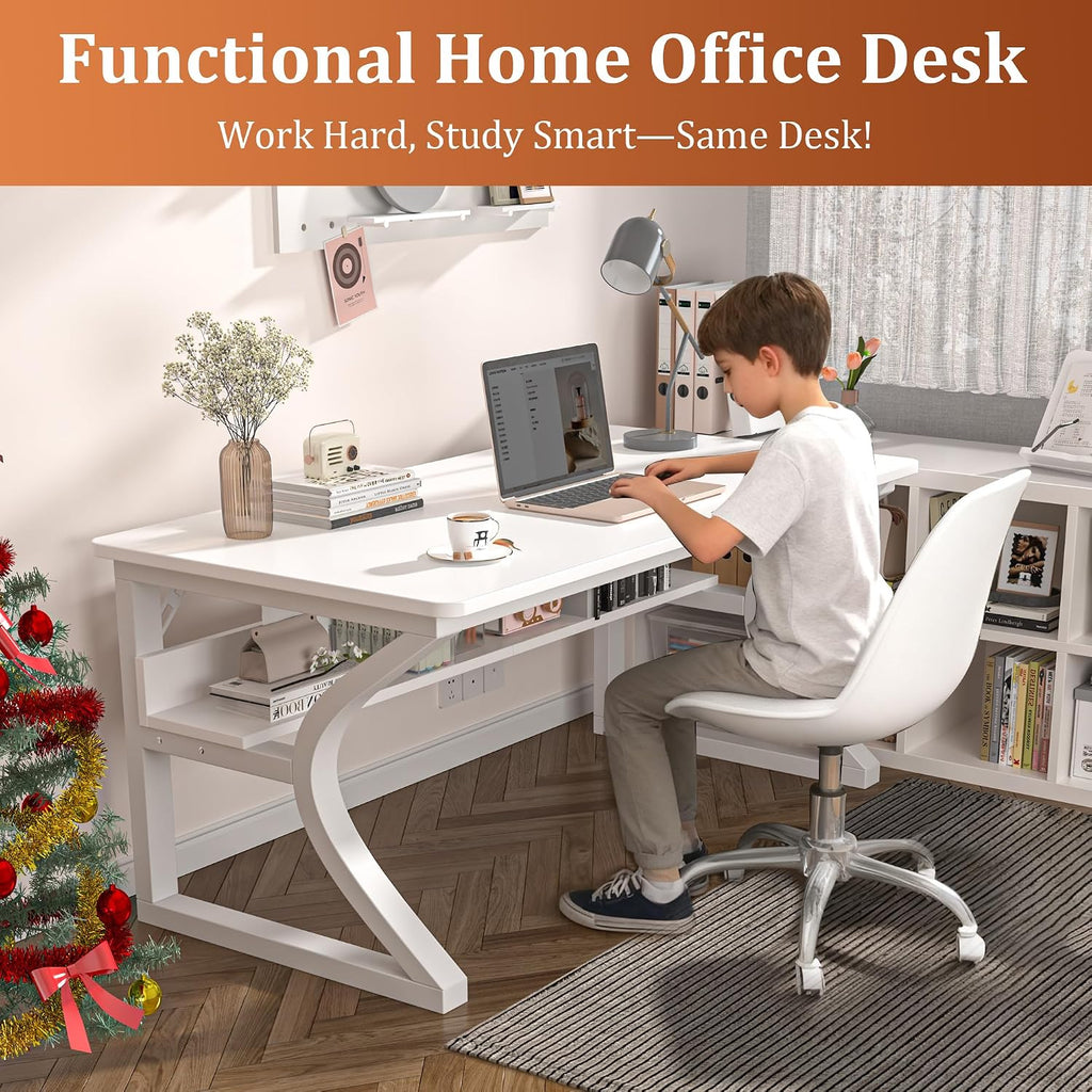 47 inch Computer Desk, Home Office Desk with Storage Shelf, Sturdy U-Shaped Metal Frame Study Table with Cable Management, Gaming Desk for Office & Bedroom, White