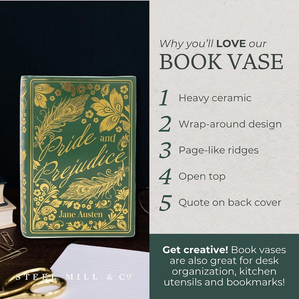Steel Mill & Co Original Large Book-Shaped Decorative Vase, Ceramic Vases for Home Decor, Cute Bookshelf Decor, Unique Vase for Book Lovers (Pride and Prejudice - Collector's Edition)