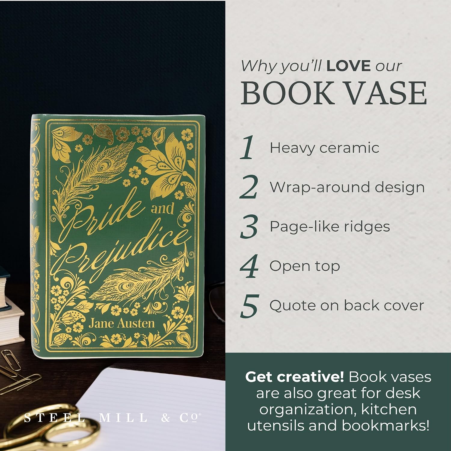 Steel Mill & Co Original Large Book-Shaped Decorative Vase, Ceramic Vases for Home Decor, Cute Bookshelf Decor, Unique Vase for Book Lovers (Pride and Prejudice - Collector's Edition)
