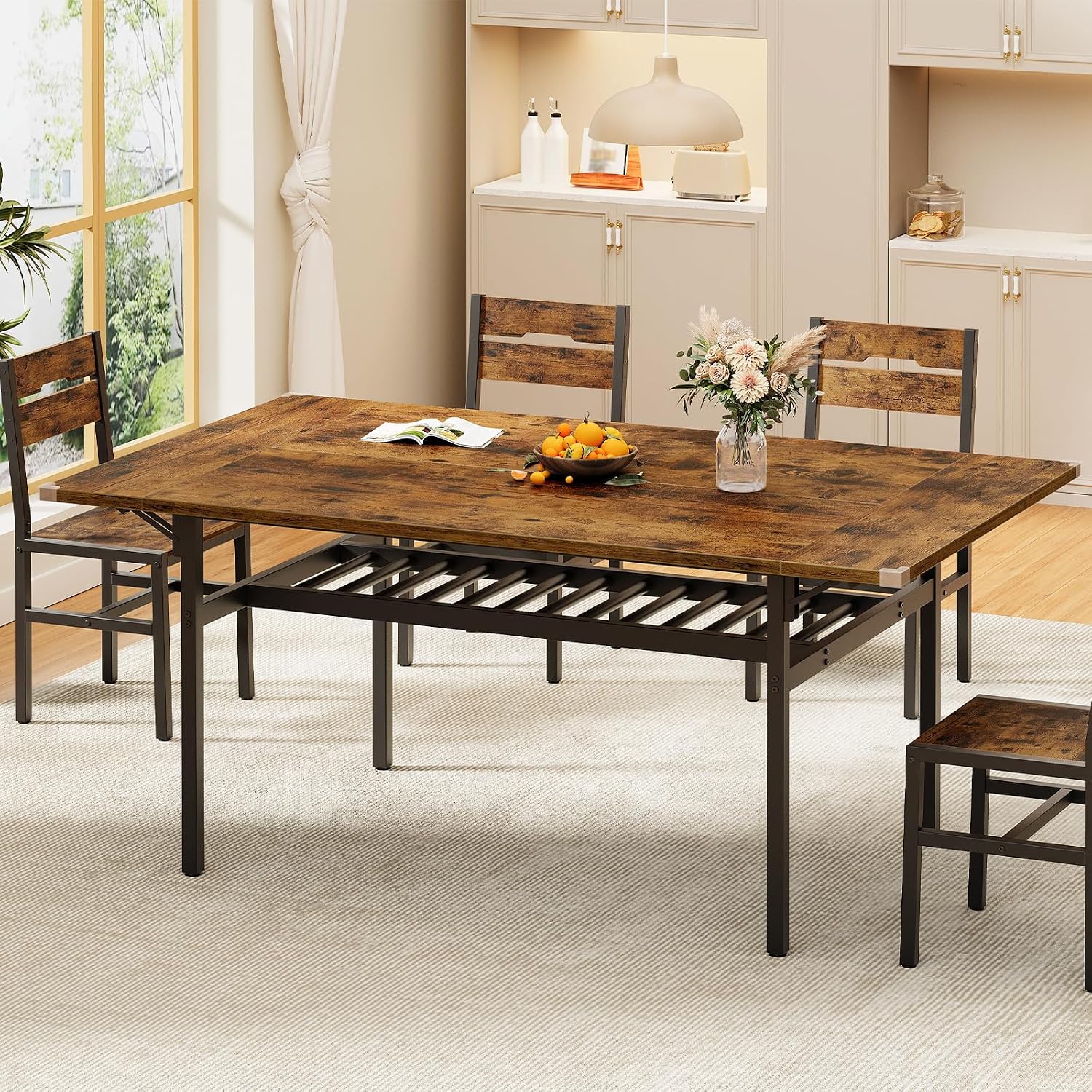 RALGEND 63" Extendable Dining Table for 4-6, Folding Kitchen Table with Drop Leaf, Farmhouse Dining Room Tables with Wine Rack, for Kitchen and Dining Room, Rustic Brown and Black