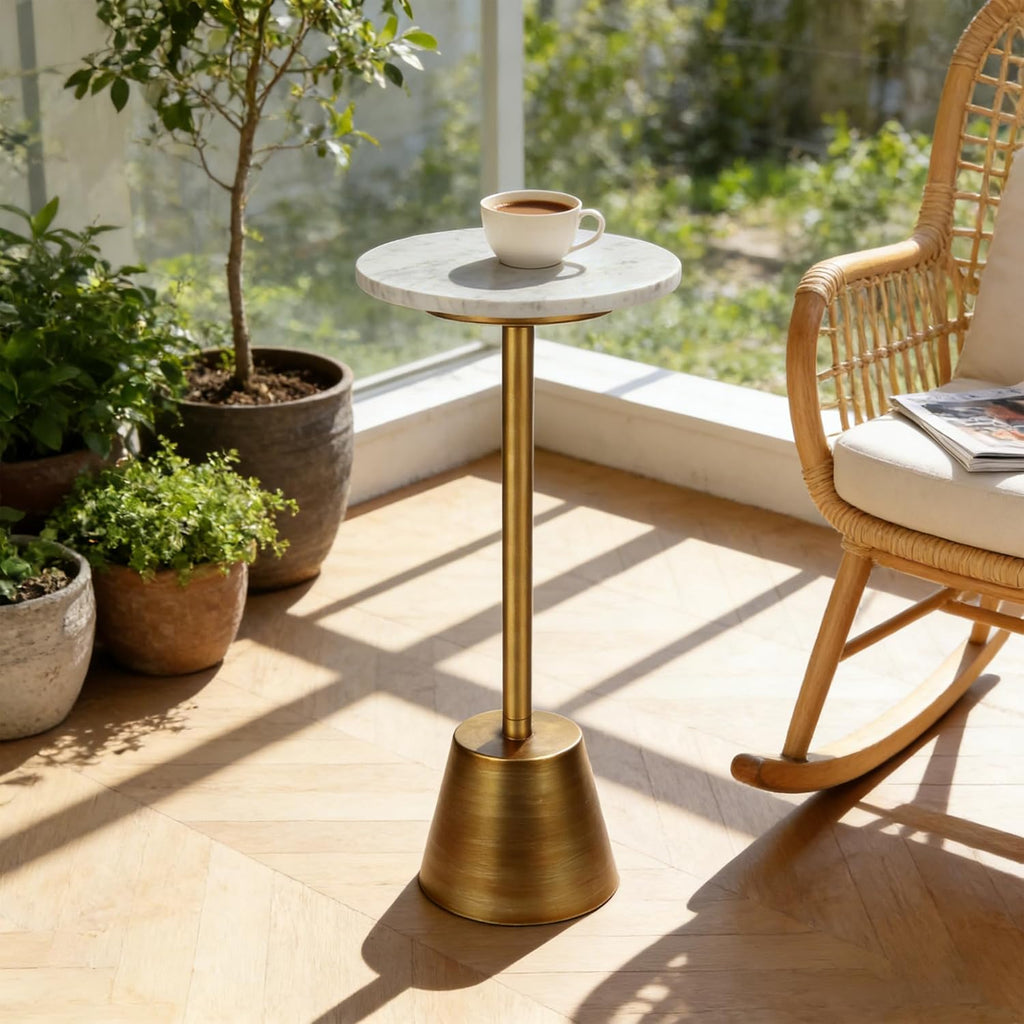 White Marble Pedestal Side Table, Round Accent End Table with Metal Base for Couch, Small Drink Tables for Small Spaces, Vintage Antique Gold Cocktail Martini Table for Living Room