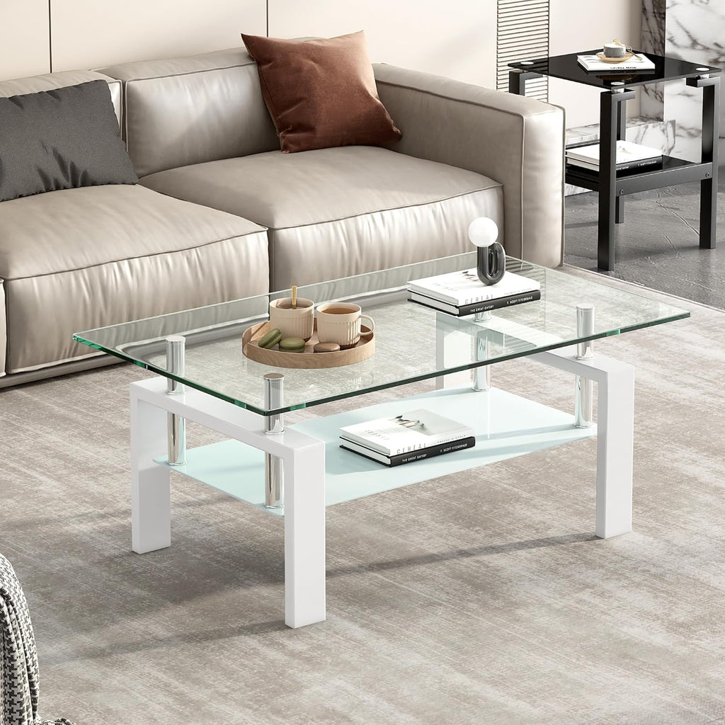 Tempered Glass Coffee Table Set of 3 Coffee Table and End Tables Set,Living Room Tables Set,Coffee Table & Side Table Set of 2,Glass Table Top,Metal Legs (White)