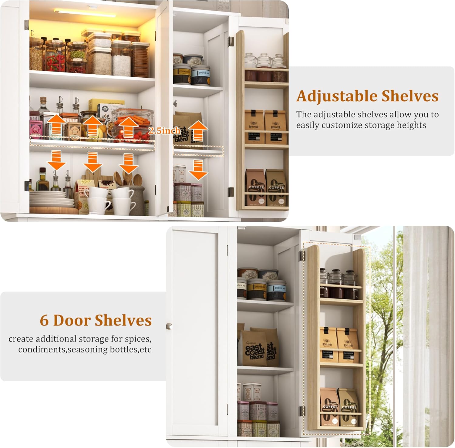 71"H Tall Kitchen Pantry Cabinet,39"W Large Freestanding Kitchen Hutch Wood Stoarge Floor Cabinet w/6 Door Shelves,2 Large Drawer,Adjustable Shelves,Modern Food Pantry for Kitchen,Dining Room,White