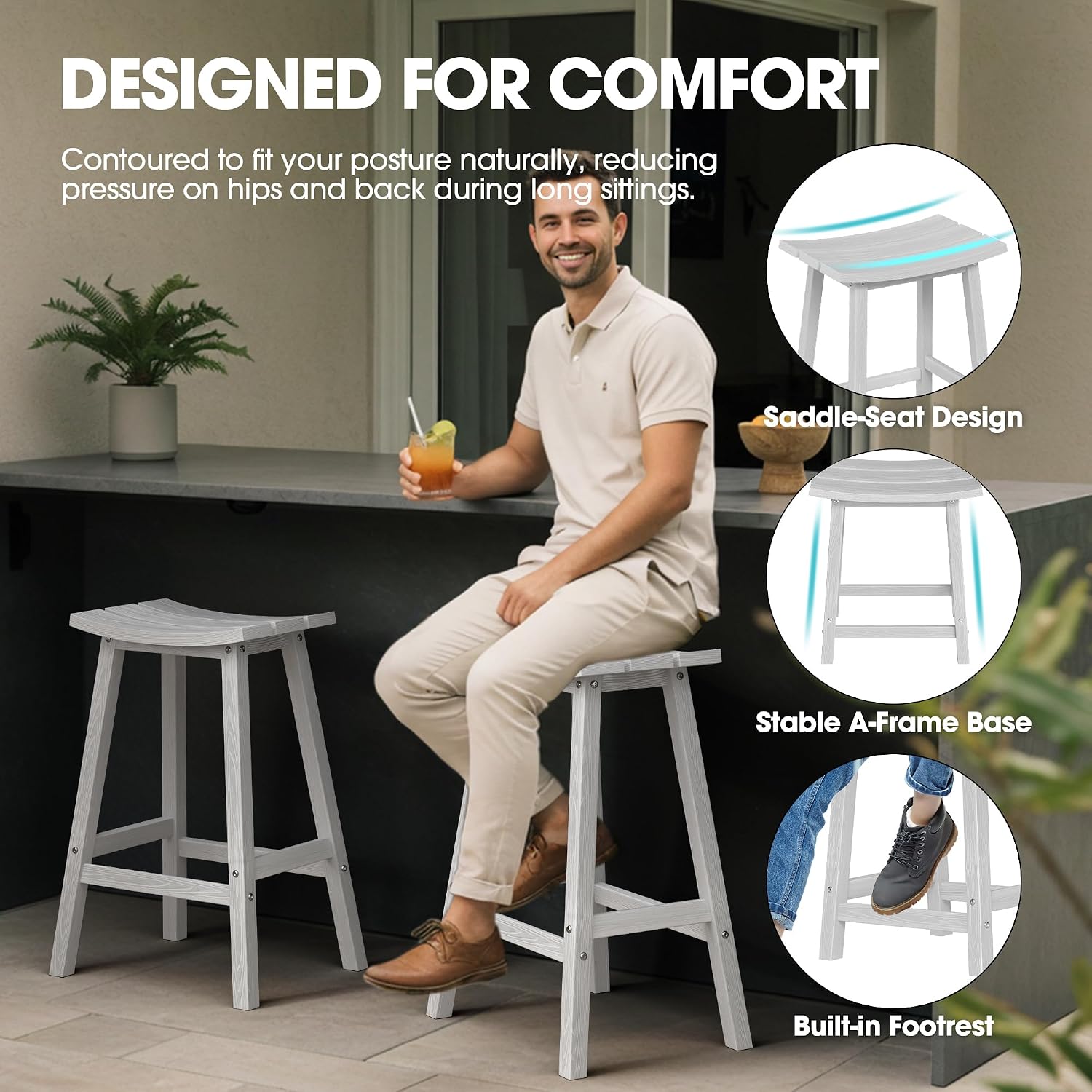 Ciokea 2 Set 29" Outdoor Bar Stools Heavy Duty HDPE Outdoor Stools Waterproof Weatherproof Patio Seats Modern Bar Height Tall BarStools for Bar Deck Balcony Kitchen Yard, White
