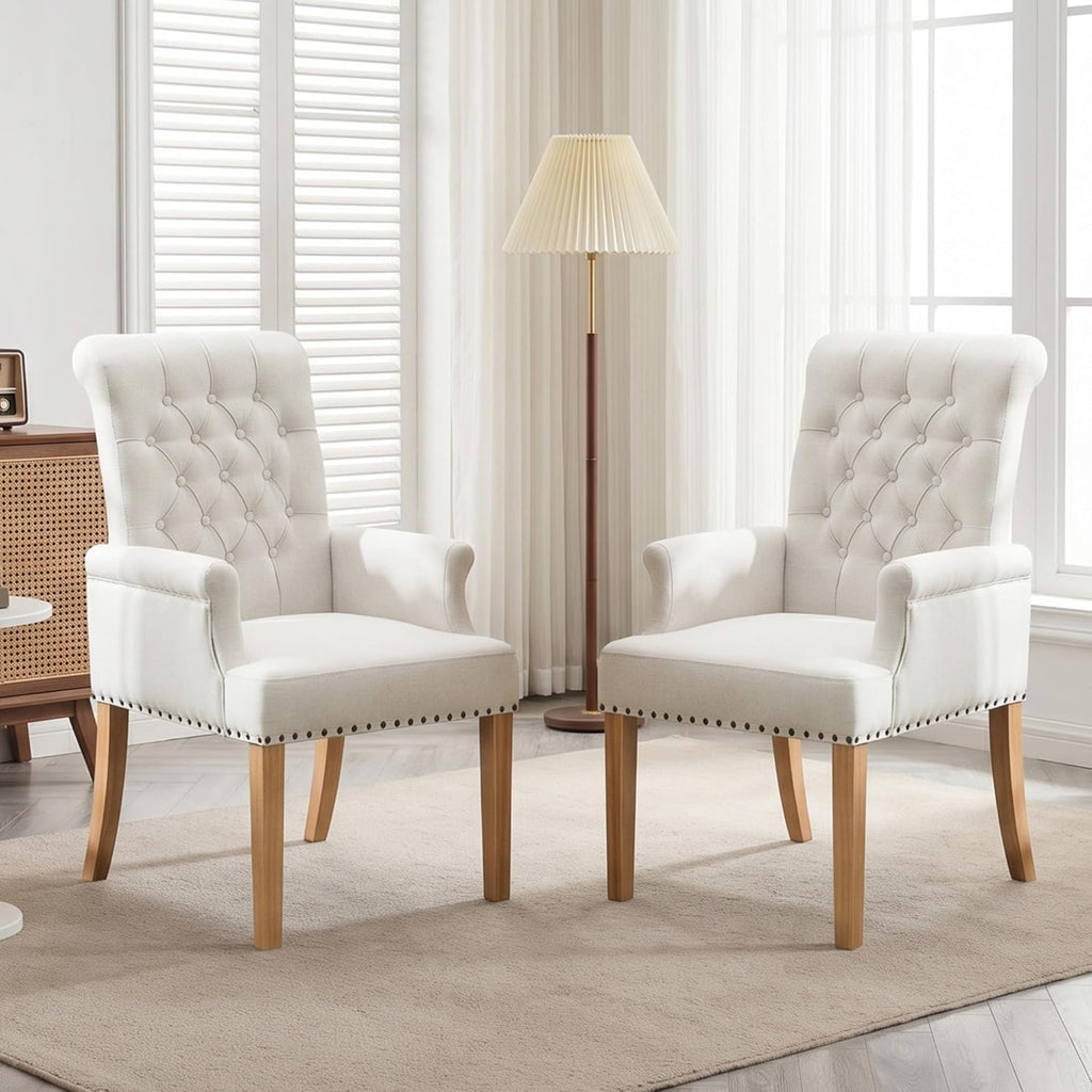 Upholstered Dining Chairs, Modern Fabric Dining Room Chairs with Arms, Tufted High Back Armchair with Solid Wood Legs for Dining Living Room, Kitchen, Beige