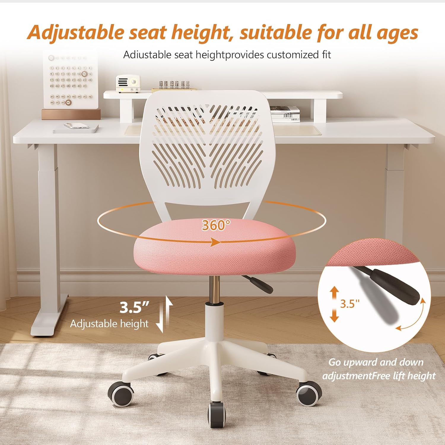 JPBSTO Armless Desk Chair, Height Adjustable Swivel Office Rolling Task Chairs with Soft Mesh Padded Cushion, Ergonomic Small Study Computer Chair for Girls Boys Teens, Pink