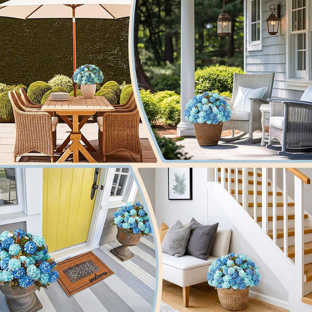 Suncalla 2 Set Turquoise Blue Artificial Topiary Ball Trees with Hydrangea Flower, 19.7" UV Resistant Outdoor Artificial Plants with Ground Spike for Planter Front Door Home Indoor Porch Patio Decor
