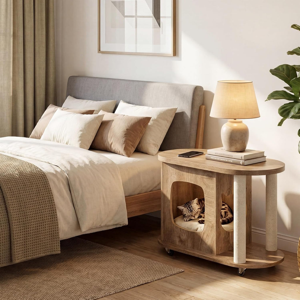 Tribesigns End Table, Sofa Side Table with Scratching Posts and Cat Bed | Oval, 360° Swivel Caster Wheels, Multifunctional Design, for Bedroom Living Room, White and Brown