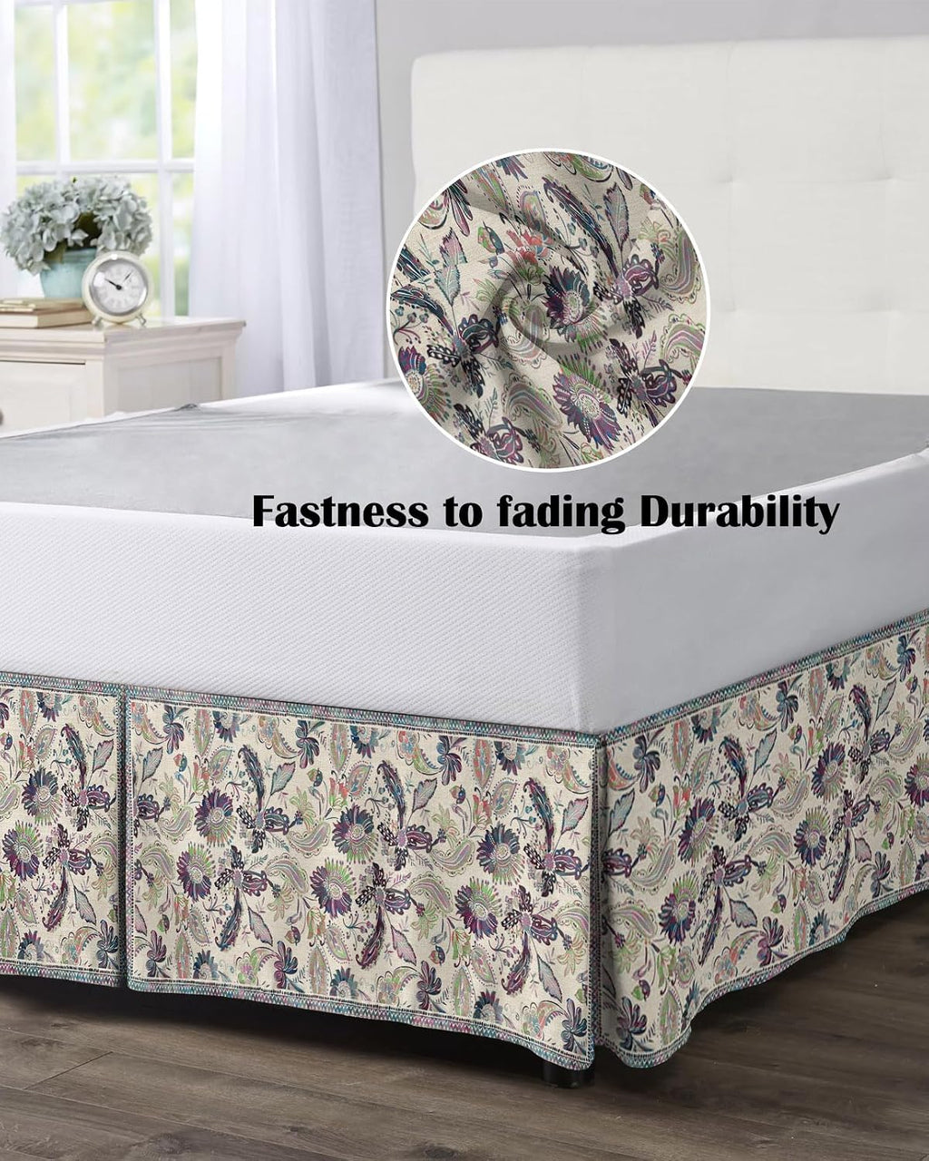 Bed Skirt King Size Paisley Ethnic Style Pleated Dust Ruffle Easy Fit Bedskirts with 16 Inch Drop Purple Vintage Floral Wrinkle and Fade Resistant Bedroom Decor