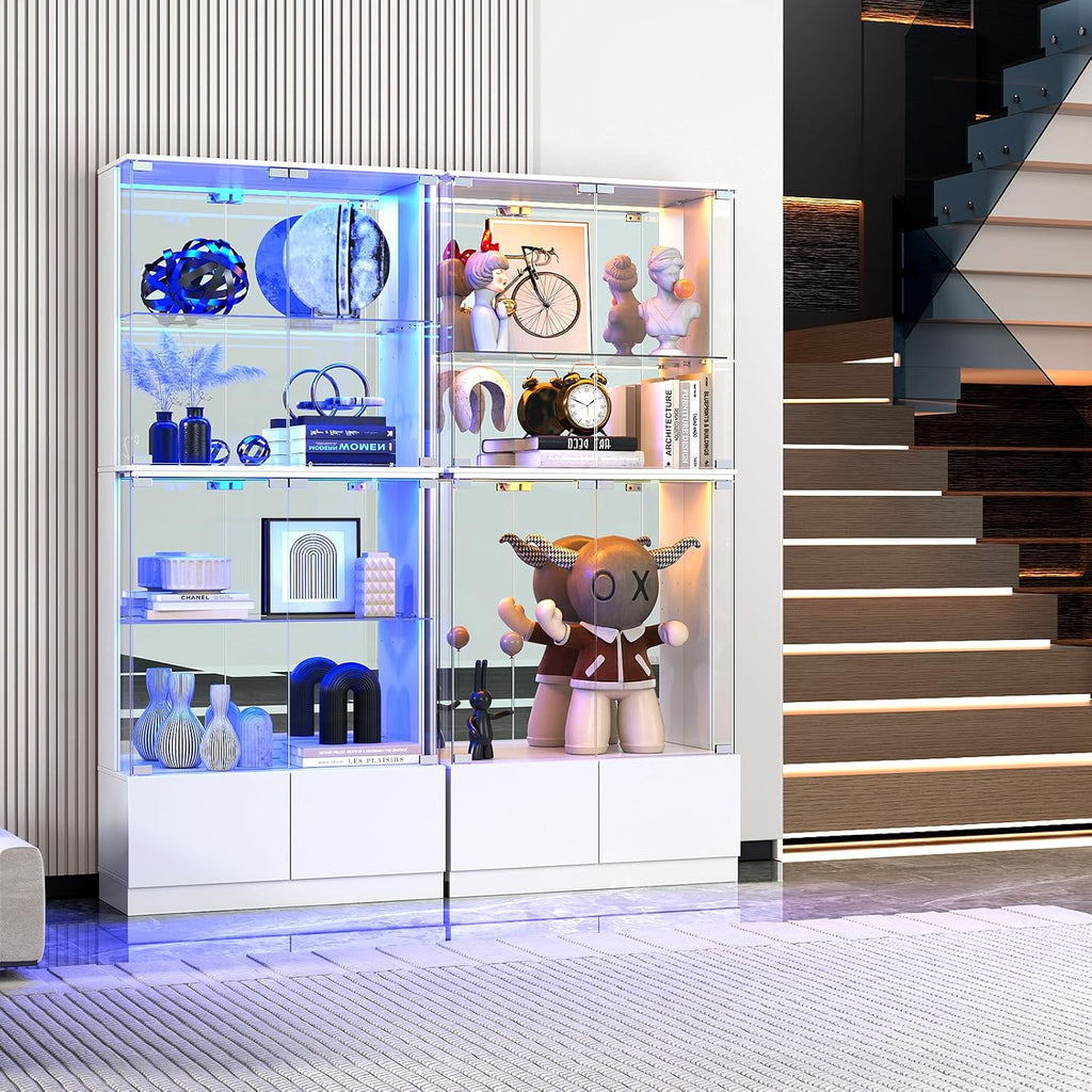 VersionTECH. Display Cabinet with Glass Doors, 4-Tier Curio Cabinet with RGB Lights for Collectibles, Display Case with 2 Drawers, Adjustable Glass Shelves, Human Body Sensor, Mirror Backing, White