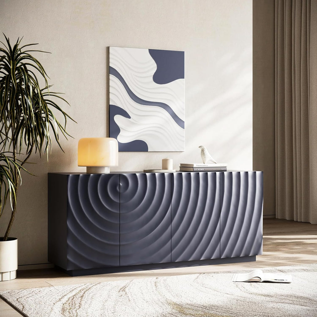 59" Buffet Cabinet with Storage, Sideboard Buffet Cabinet, 4 Doors Modern Accent Storage Sideboard with Spiral Grain, Luxurious Floor Cabinets Buffet with Freestanding Anti Dumping (Navy Blue)