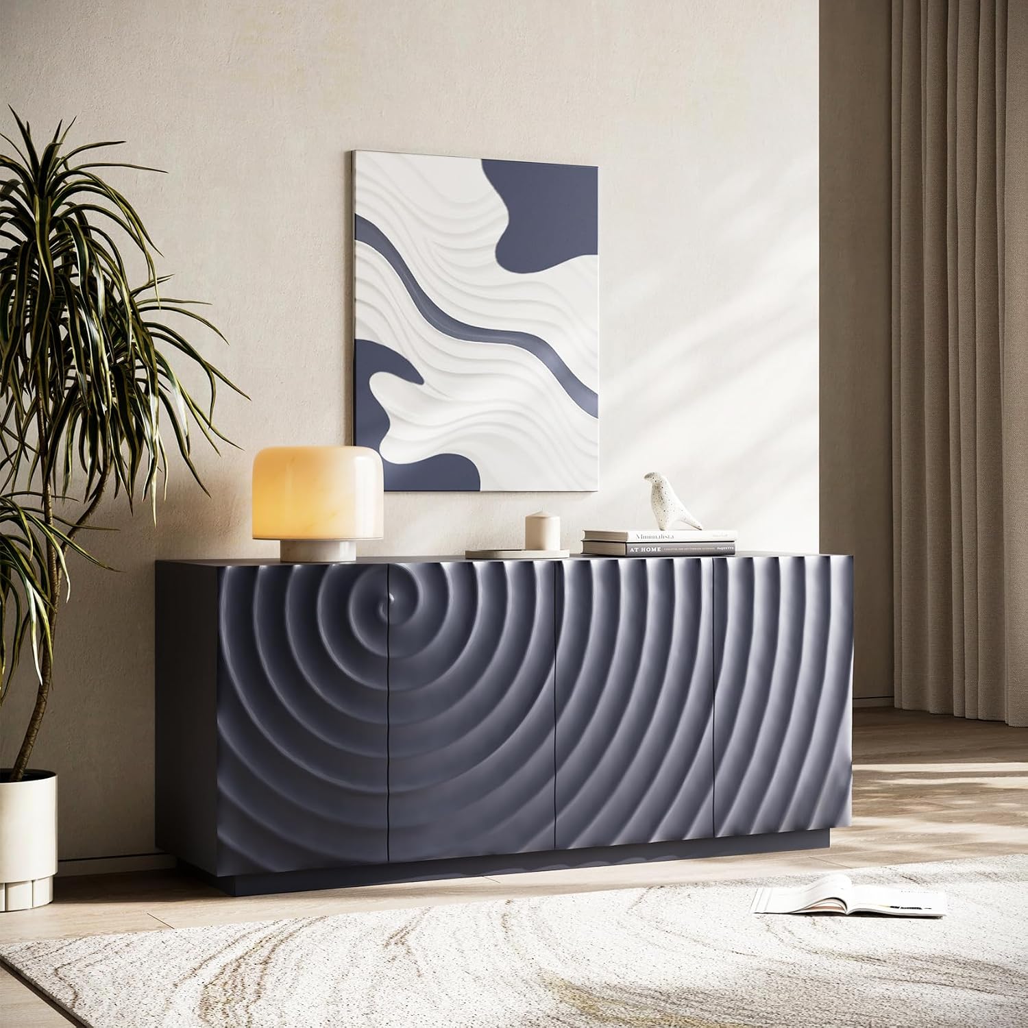 59" Buffet Cabinet with Storage, Sideboard Buffet Cabinet, 4 Doors Modern Accent Storage Sideboard with Spiral Grain, Luxurious Floor Cabinets Buffet with Freestanding Anti Dumping (Navy Blue)