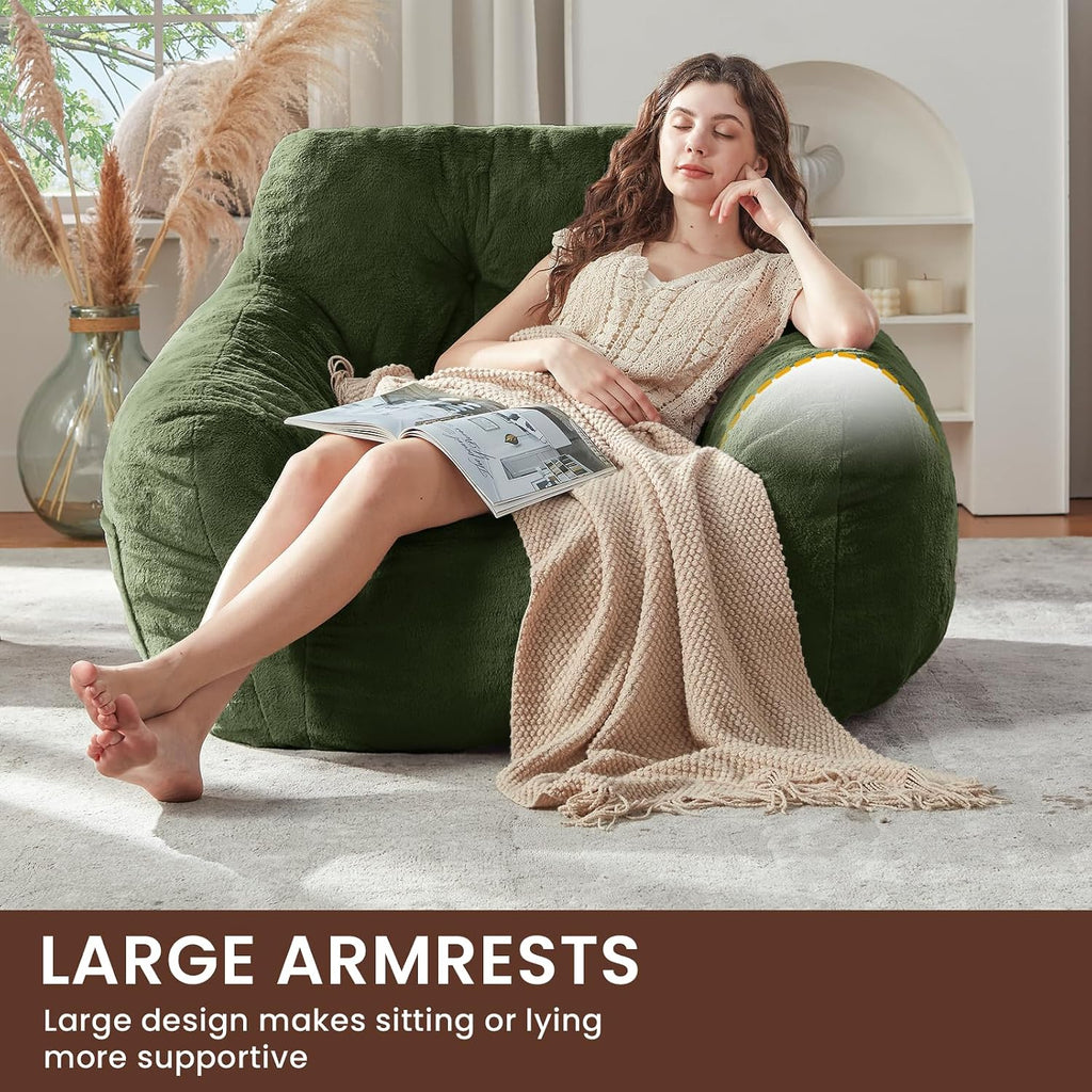 EBENCHICO Giant Bean Bag Chair with Lumbar Pillow & Armrests, Oversized Green Faux Fur Bean Bag Couch with Filler for Adults, Floor Reading Chair for Living Room Bedroom