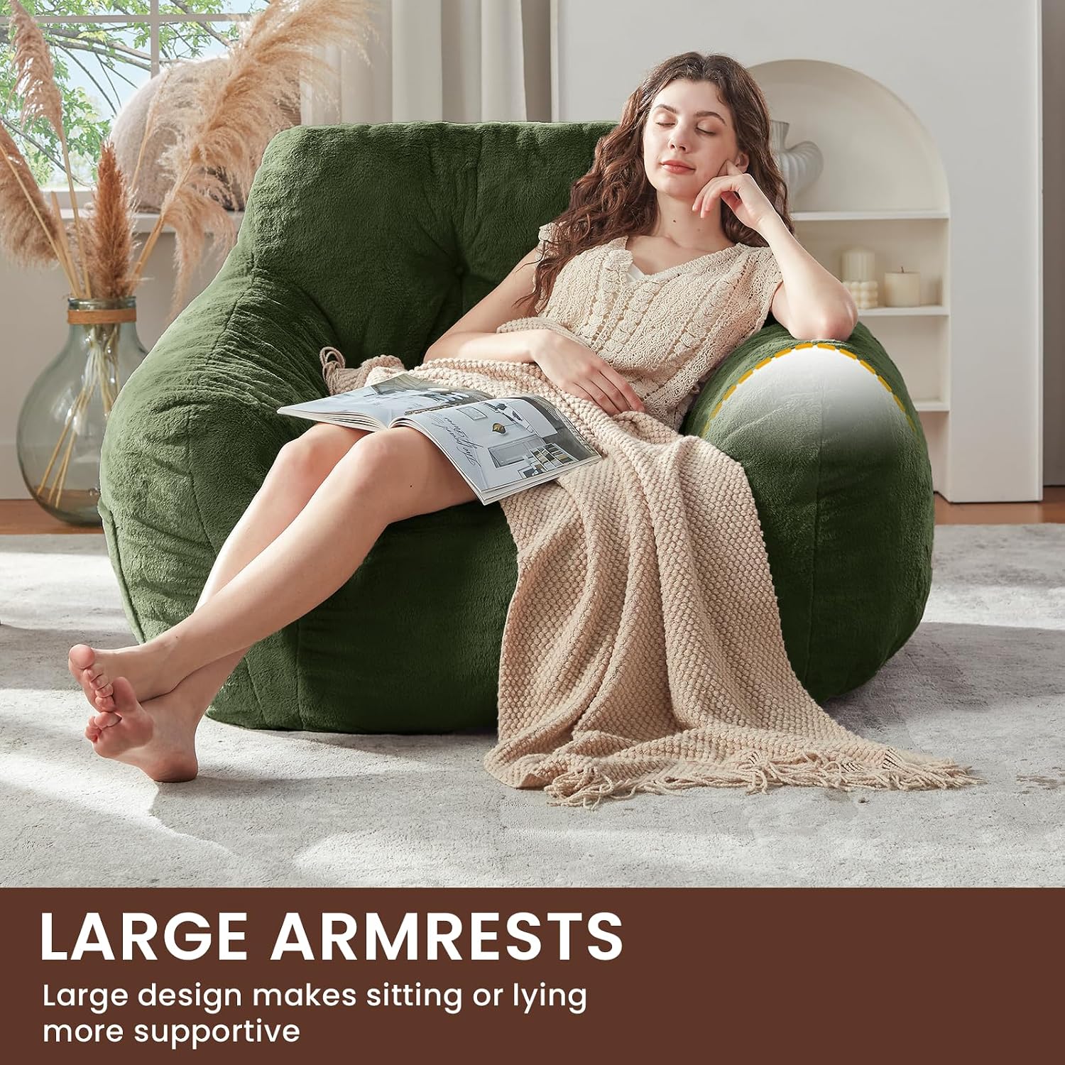 EBENCHICO Giant Bean Bag Chair with Lumbar Pillow & Armrests, Oversized Green Faux Fur Bean Bag Couch with Filler for Adults, Floor Reading Chair for Living Room Bedroom
