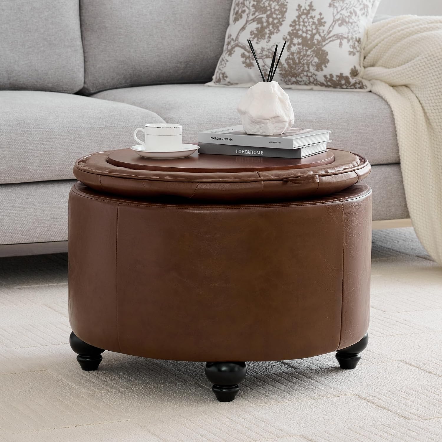 WUTUTUEE 24Inch Round Storage Ottoman with Tray, Modern Tufted Leather Circle Coffee Table with Storage, Upholstered Ottoman with Removable Top for Living Room, Bedroom, Leather Coffee