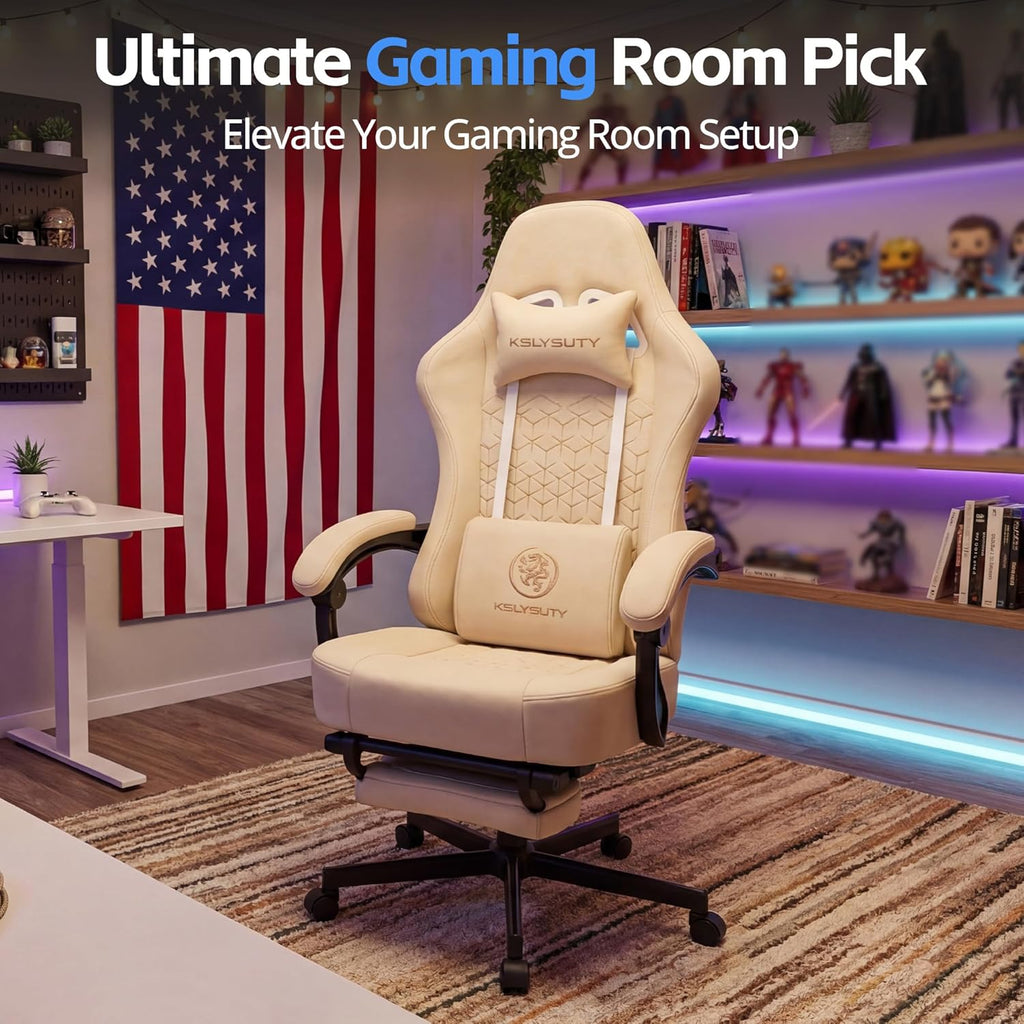 Desk Computer Gaming Chair - Ergonomic Game Office Chair with Extended Footrest and Massage Lumbar Support, Home Gamer Video Game Chairs with Spring Cushion for Adults (Pro Beige Leather)