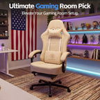Desk Computer Gaming Chair - Ergonomic Game Office Chair with Extended Footrest and Massage Lumbar Support, Home Gamer Video Game Chairs with Spring Cushion for Adults (Pro Beige Leather)