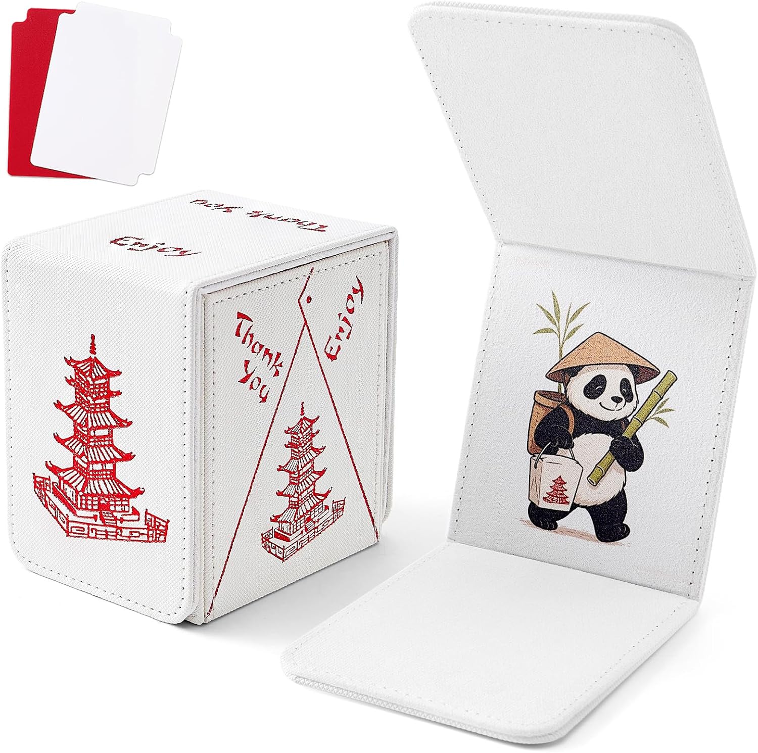 Venssu Chinese Takeout MTG Deck Box, Commander Deck Case Fits 100 Double Sleeved Cards, PU Leather Storage Box with 2 Dividers(Bright Red and White), Compatible with TCG/PTCG/EDH/Magic/Sport Cards