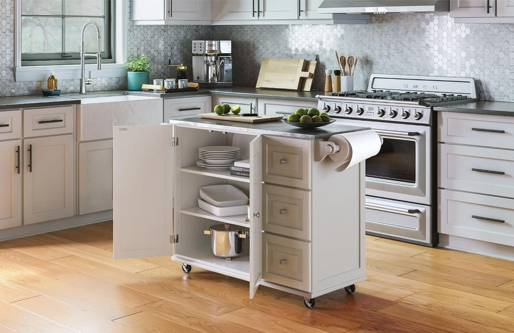 53.5" Kitchen Island Cart with Storage, Rolling Kitchen Cart on Wheels with Stainless Steel Top, Mobile Prep Station with Drawers, Cabinets, Adjustable Shelves & Towel Rack, Solid Wood, Off White