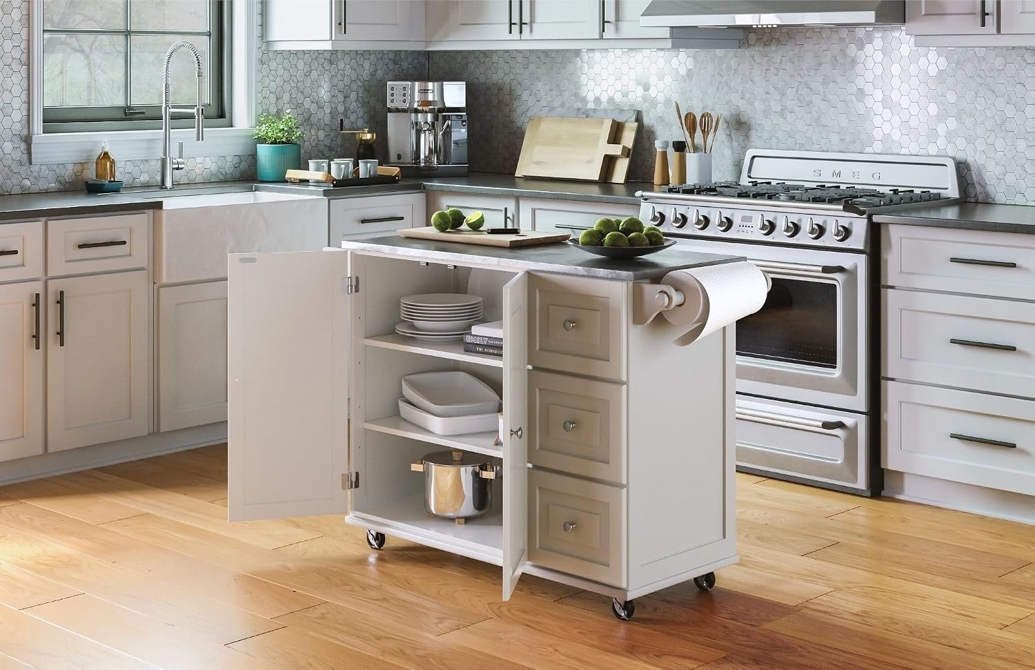 53.5" Kitchen Island Cart with Storage, Rolling Kitchen Cart on Wheels with Stainless Steel Top, Mobile Prep Station with Drawers, Cabinets, Adjustable Shelves & Towel Rack, Solid Wood, Off White