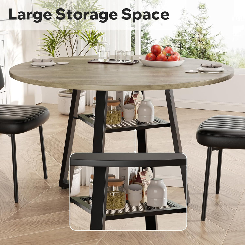 Dining Table Set for 4,Round Storage Kitchen Table and Chairs for 4,5 Piece 47Inch Circle Table Faux Leather Dining Room Chiars Set for Kitchen,Dining Room,Dinette（Grey Table,Brown Chairs）