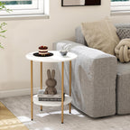 Side Table, Round End Table with 2 Storage Shelves, Compact Living Room Accent Table, Space-Saving Small Bedside Table, 18x18x22in, Marble White