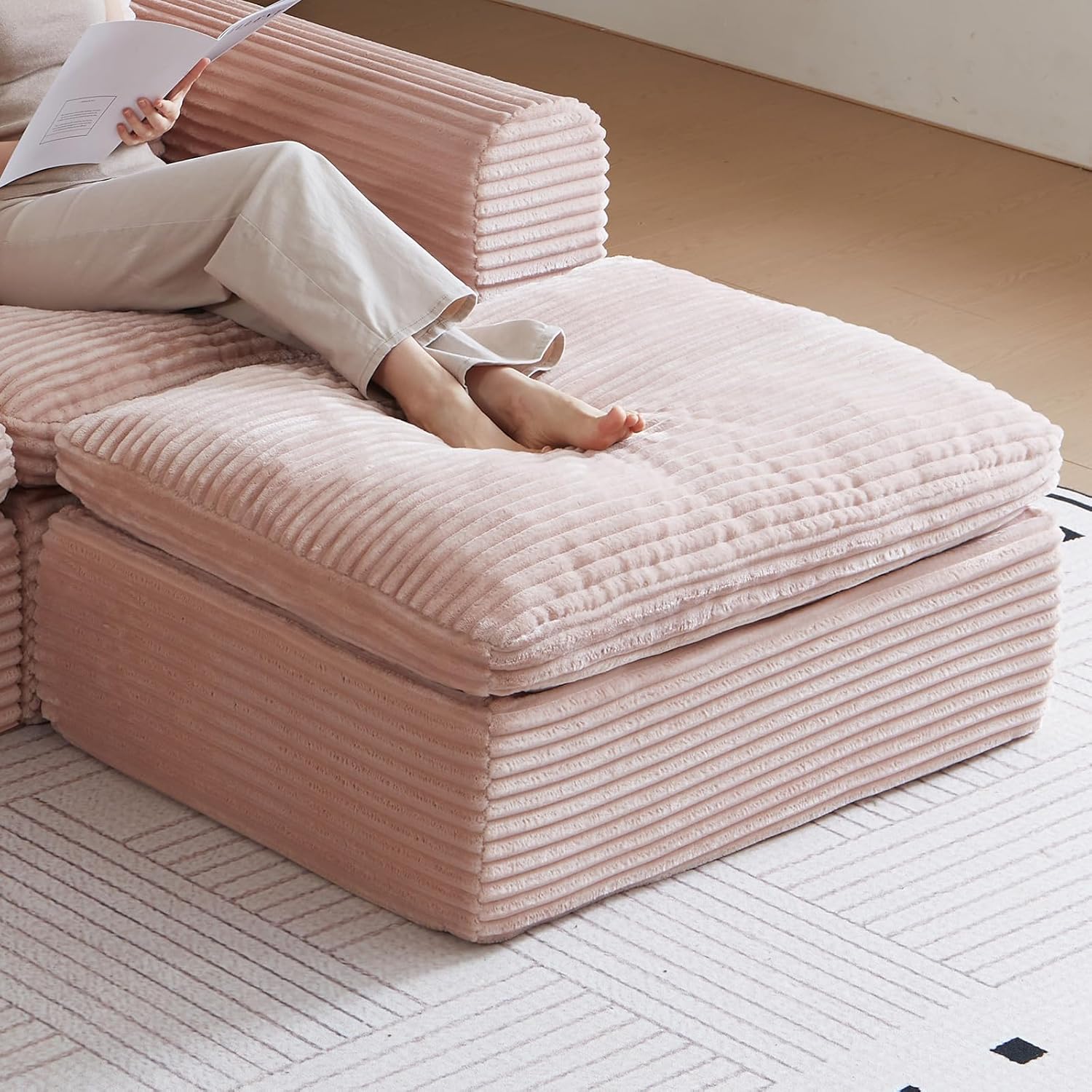 38.7" Plush Corduroy Ottoman, Upholstered Cloud Ottoman for Boneless Couch in a Box,Oversize Poufs for Living Room & Bedroom Sofa Ottoman,Comfy Seating with Dense Foam Padding,Pink