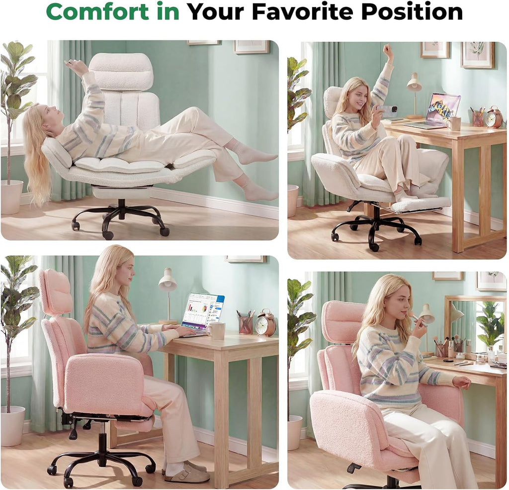 HOMRELEXA Criss Cross Office Chair with Armrests & Wheels, Comfy Velvet Vanity Chair, Ergonomic Executive Gaming Computer Chairs with Foot Rest, Wide Seat Reclining Desk Chair, White