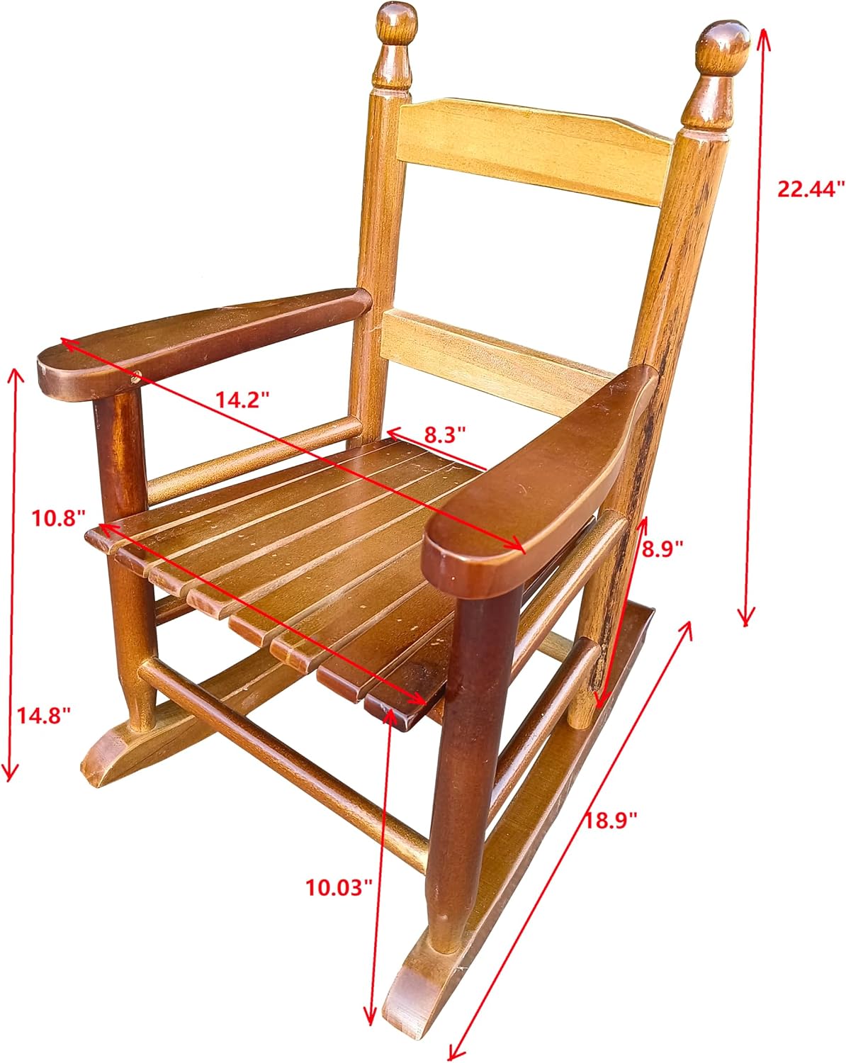 Kids Rocking Chair Solid Hardwood - Indoor Outdoor Children's Seating with Slatted Backrest & Armrests for Nursery Patio Balcony Use - Traditional Oak Finish for Boys Girls Ages 3-10
