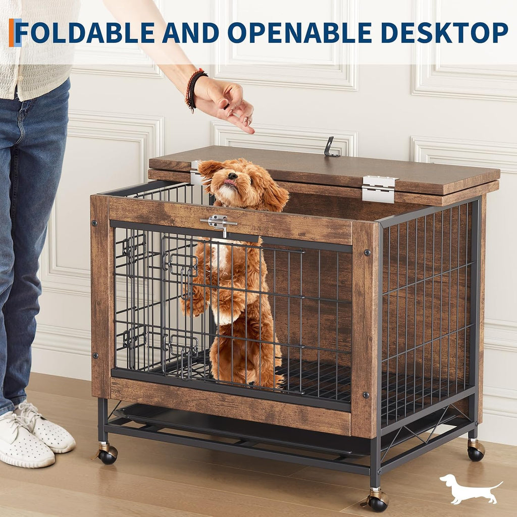 Rustic Brown Wooden Dog Crate End Table with Dual Doors & Lockable Wheels, Indoor Kennel for Small Medium Dogs 26.4" w×19.7" d×25.6" h