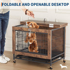 Rustic Brown Wooden Dog Crate End Table with Dual Doors & Lockable Wheels, Indoor Kennel for Small Medium Dogs 26.4" w×19.7" d×25.6" h