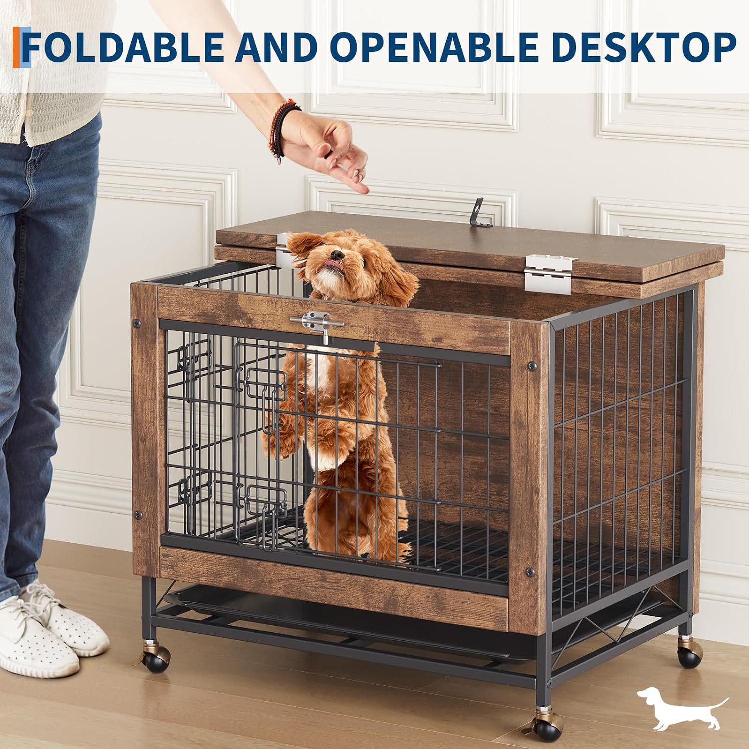 Rustic Brown Wooden Dog Crate End Table with Dual Doors & Lockable Wheels, Indoor Kennel for Small Medium Dogs 26.4" w×19.7" d×25.6" h