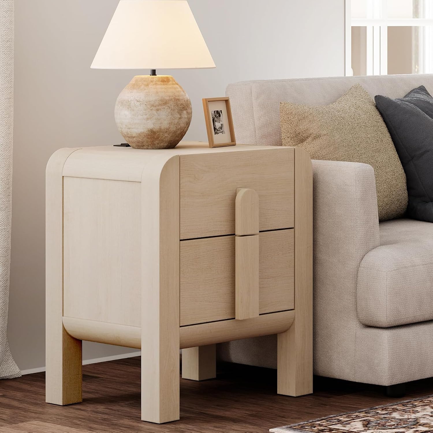 WAMPAT 23.7" Tall Beige Nightstand with Charging Station, Modern Mid Century End Table Wood Bedside Table w/2 Storage Drawers, Side Table Bedside Cabinet for Bedroom,Living Room
