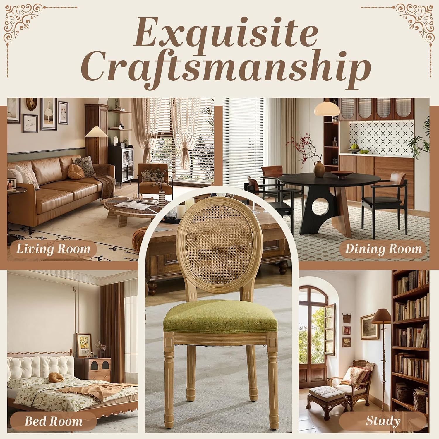 SoarFlash French Dining Chairs Set of 4, Vantage Dining Chair with Round Back, Wood Leg Farmhouse Country Rattan Dining Chair for Kitchen,Bedroom,Olive Green
