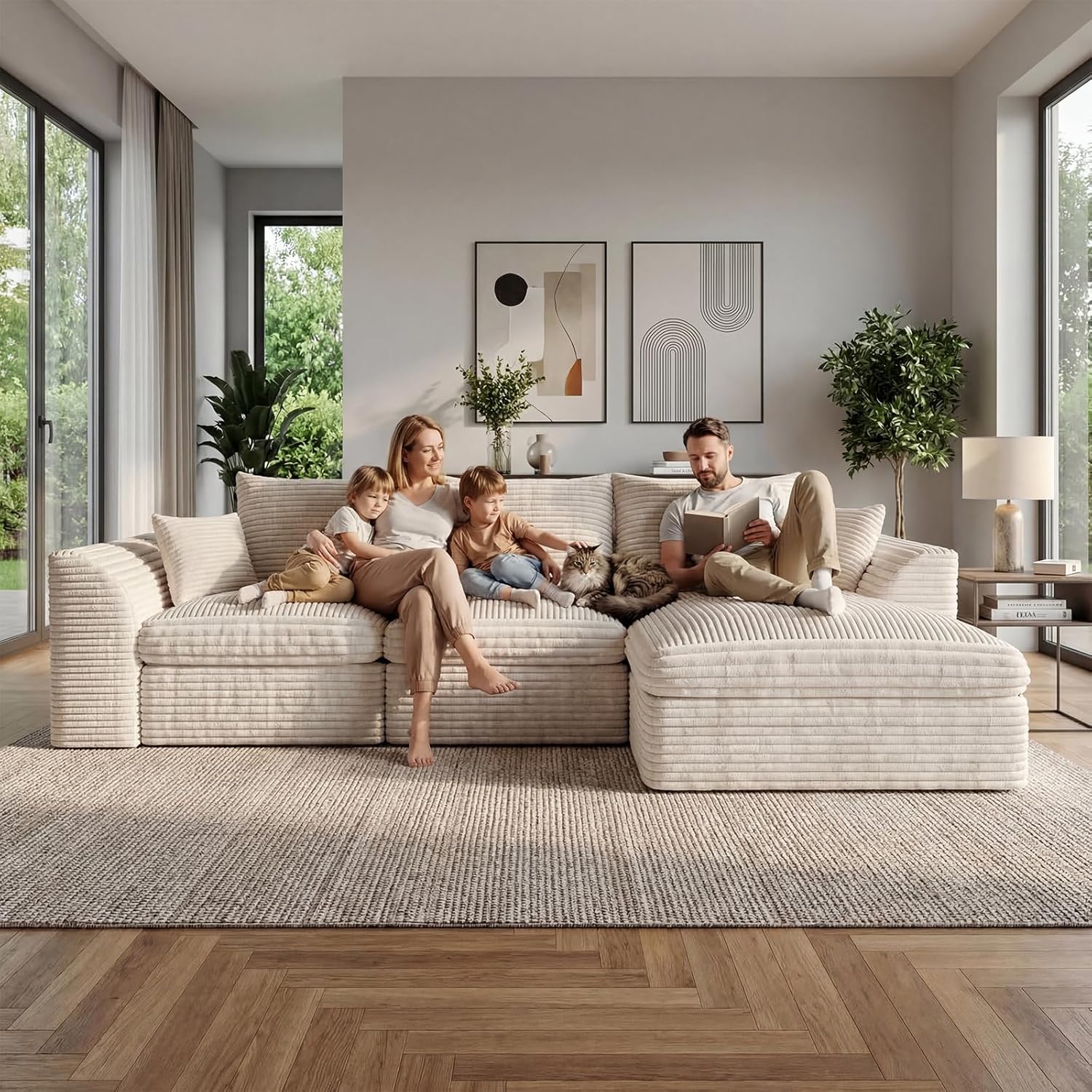 106" Modular Cloud Sofa L-Shaped, Boneless Deep Seat Sectional with High-Density Foam, Washable Corduroy Fabric, No Assembly Required for Living Room Apartment, Beige
