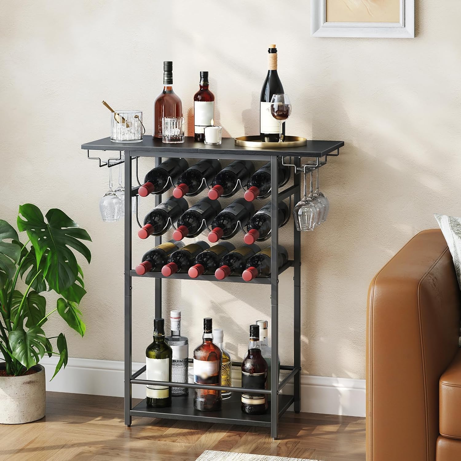 HOOBRO 5-Tier Wine Rack with Glass Holder, Wine Storage Freestanding Floor, Versatile Corner Liquor Cabinet, Alcohol Bottle Display Shelf for Home Bar, Kitchen, Living Room, Black BB68JJ01