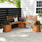 Outdoor Planter Box with Bench, Teak Oil Finish Wood Seat with 2 Open-Ended Base Garden Beds & Backrest, Decorative Plant Container for Yard, Balcony & Porch