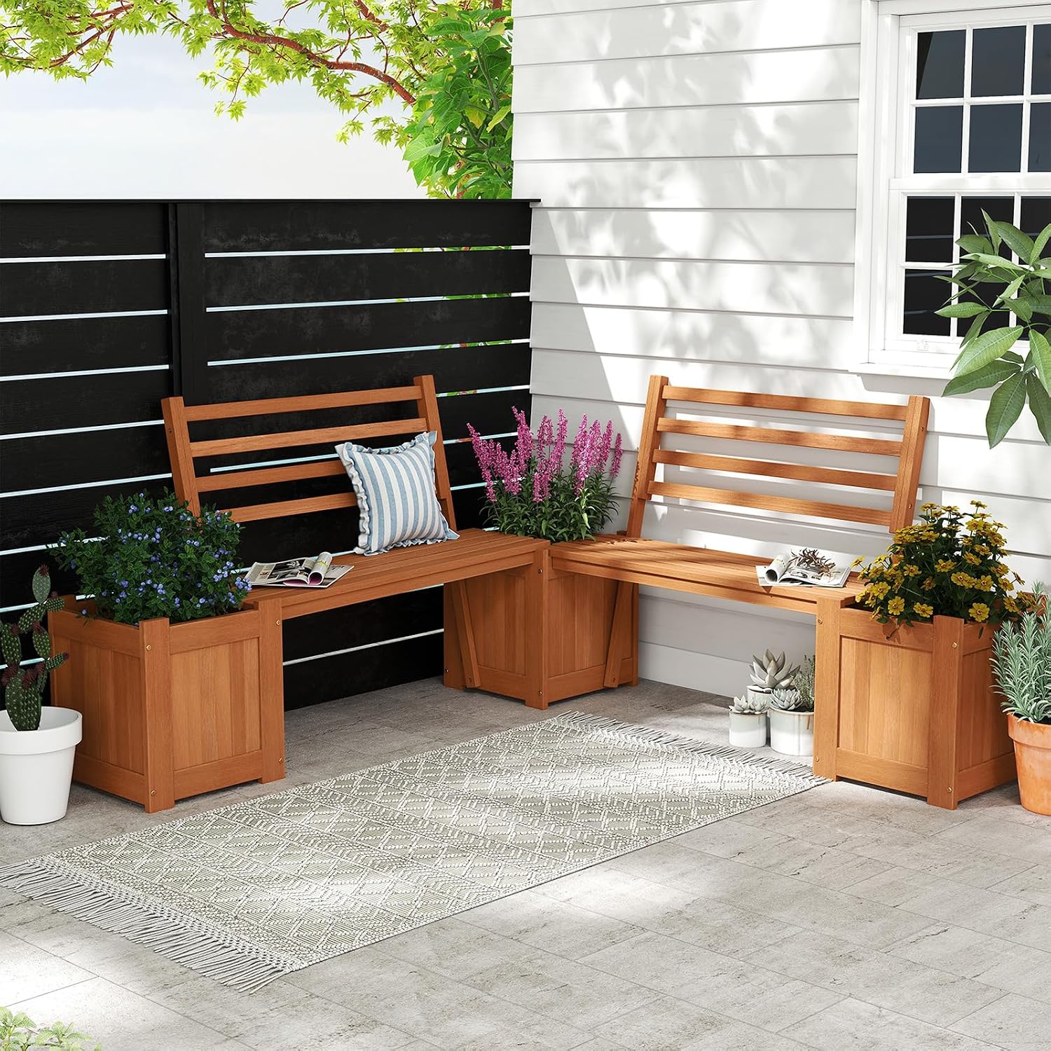 Outdoor Planter Box with Bench, Teak Oil Finish Wood Seat with 2 Open-Ended Base Garden Beds & Backrest, Decorative Plant Container for Yard, Balcony & Porch